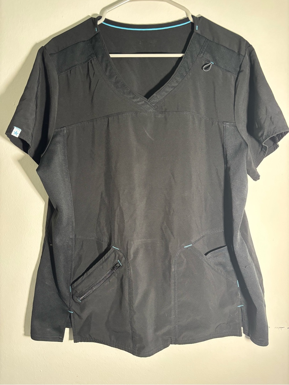 Black V-Neck Scrub Top with Teal Contrast Trim